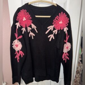 Black pink boutique sweater embroidered pink flowers